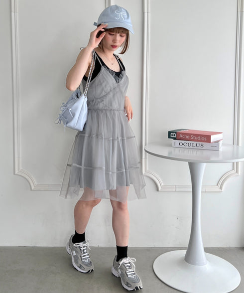 チュールティアードミニキャミワンピース | LO2233022 | グレー