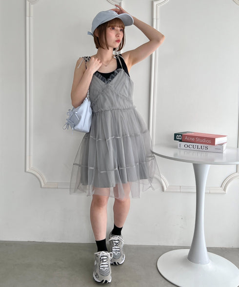 チュールティアードミニキャミワンピース | LO2233022 | グレー