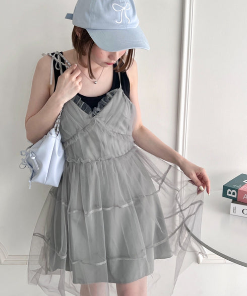 チュールティアードミニキャミワンピース | LO2233022 | グレー