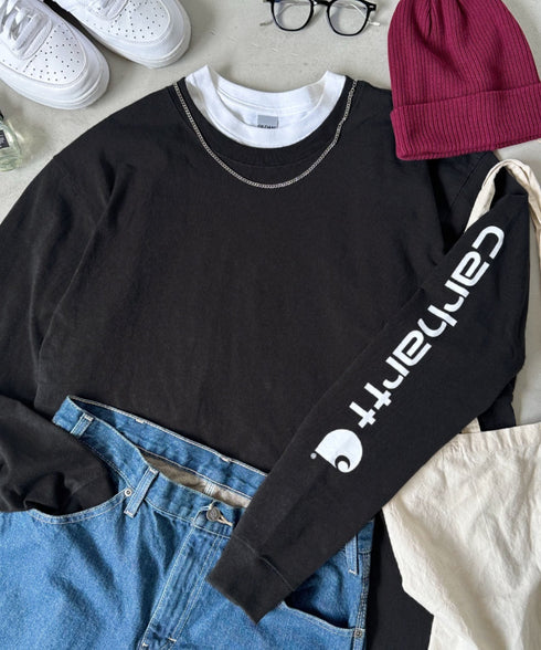 Carhartt(カーハート)/袖ロゴ ロンT USA規格 ルーズフィット ヘビーウェイト 6.75Oz ビッグサイズ オーバーサイズ コットン K231/ LOOSE FIT HEAVYWEIGHT LONG-SLEEVE LOGO SLEEVE GRAPHIC T-SHIRT | IM2233010 | ブラック