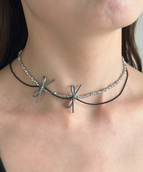 ポイントリボンビーズチョーカーネックレス-point ribbon beads choker necklace- | SW4241512 | シルバー
