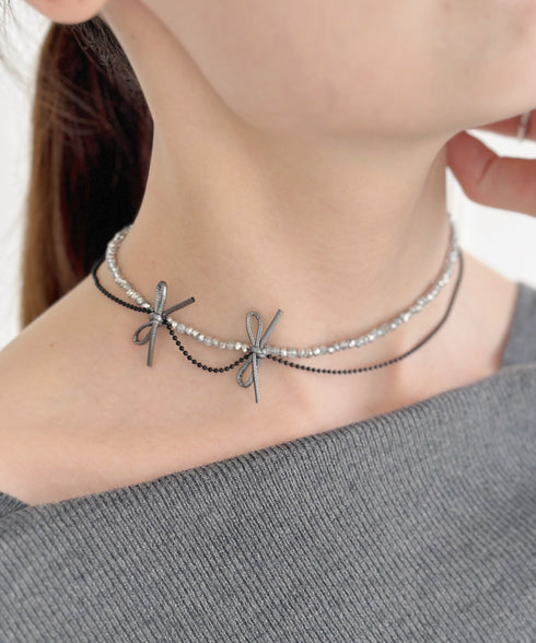 ポイントリボンビーズチョーカーネックレス-point ribbon beads choker necklace- | SW4241512 | シルバー