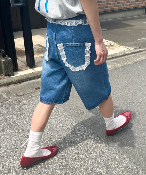 レースデニムハーフパンツ | NU2242247 | ブルー