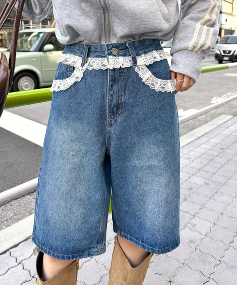 レースデニムハーフパンツ | NU2242247 | ブルー