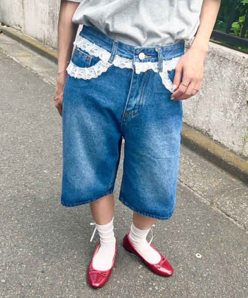 レースデニムハーフパンツ | NU2242247 | ブルー