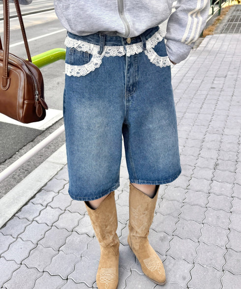 レースデニムハーフパンツ | NU2242247 | ブルー