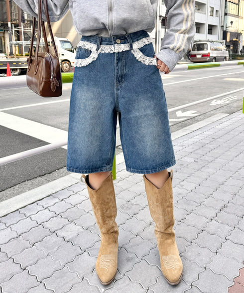 レースデニムハーフパンツ | NU2242247 | ブルー
