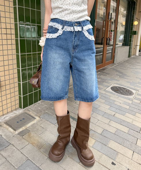 レースデニムハーフパンツ | NU2242247 | ブルー