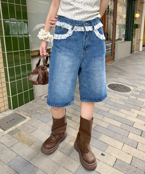 レースデニムハーフパンツ | NU2242247 | ブルー