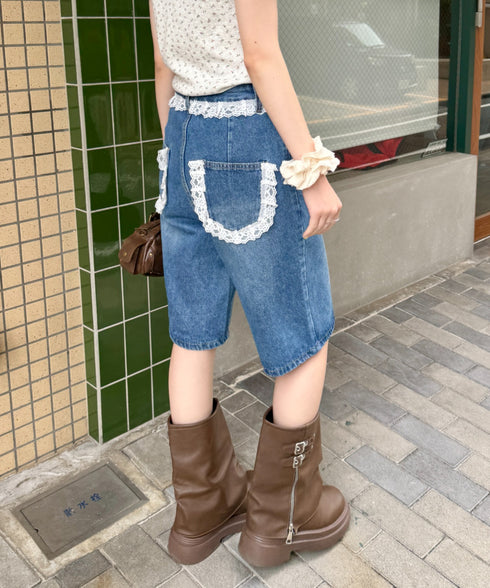 レースデニムハーフパンツ | NU2242247 | ブルー