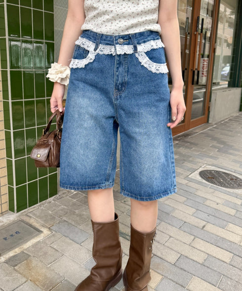 レースデニムハーフパンツ | NU2242247 | ブルー