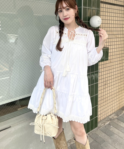 フリンジリボンレースティアードミニワンピース | LO2243114 | ホワイト