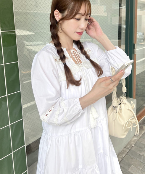 フリンジリボンレースティアードミニワンピース | LO2243114 | ホワイト