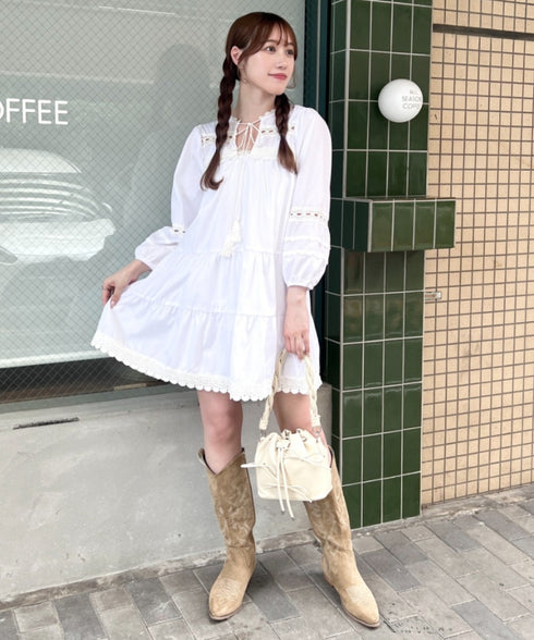 フリンジリボンレースティアードミニワンピース | LO2243114 | ホワイト