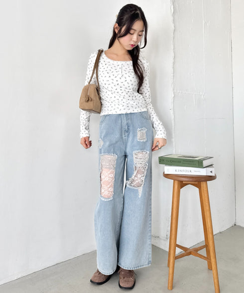 レースフラワーヘンリーネックトップス | NU2243094 | ホワイト