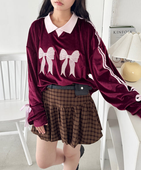 サイドラインリボンベロアラガートップス | NU2243199 | ワインレッド