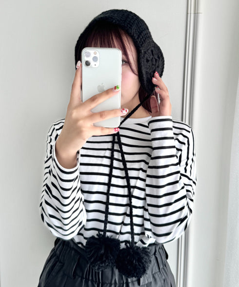 フラワークロシェ編みポンポンイヤーマフ | NU6244042 | ブラック