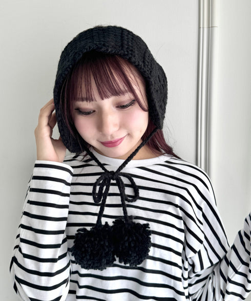 フラワークロシェ編みポンポンイヤーマフ | NU6244042 | ブラック