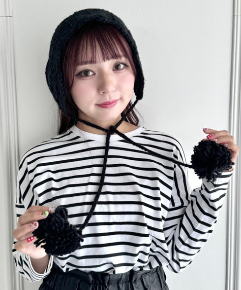 フラワークロシェ編みポンポンイヤーマフ | NU6244042 | ブラック