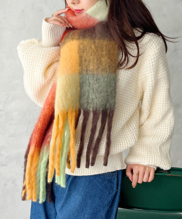 マルチチェックボリュームフリンジマフラー | CL6244004 | オレンジ