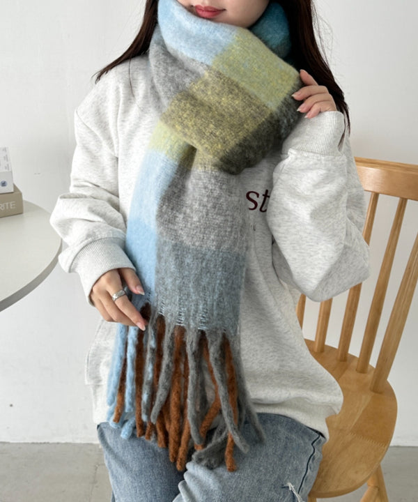 マルチチェックボリュームフリンジマフラー | CL6244004 | ライトブルー