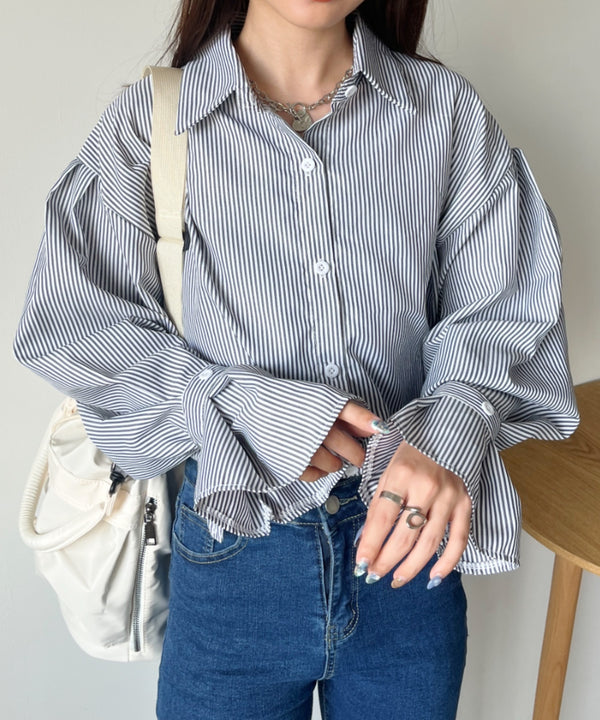 2WAY ボリュームスリーブ ルーズストライプシャツトップス | CL2233154 | ブラック
