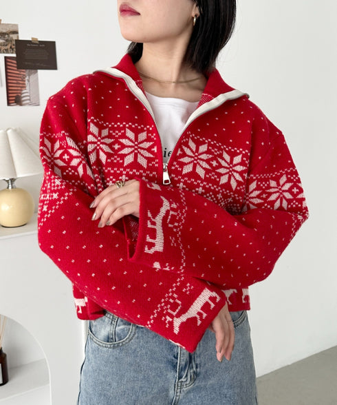 ノルディックカウチンジップニットカーディガン | CL2244021 | レッド