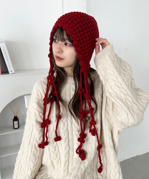 ポンポン付きフードニットキャップ | CL5244026 | レッド