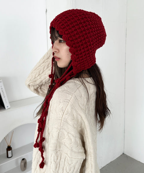 ポンポン付きフードニットキャップ | CL5244026 | レッド