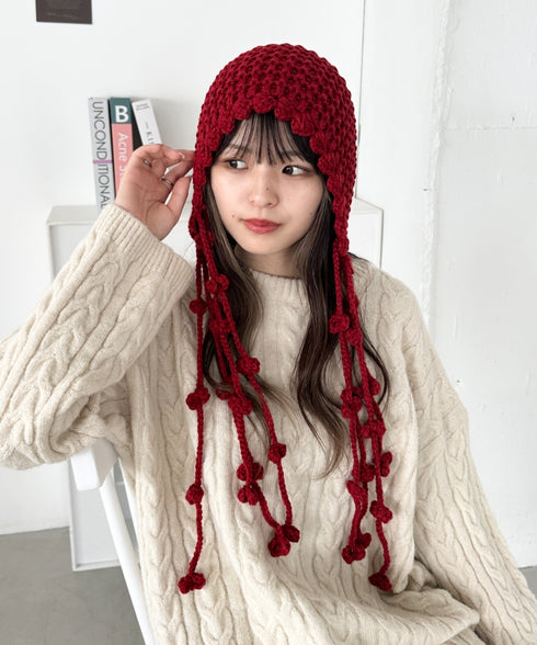 ポンポン付きフードニットキャップ | CL5244026 | レッド