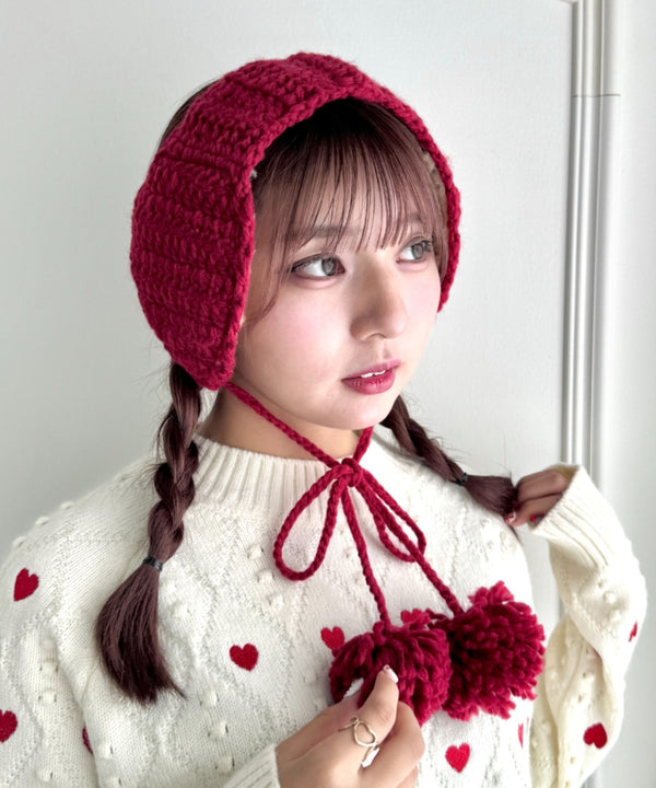 【5色展開】ポンポンリボンニットイヤーマフ | LO6244106 | レッド
