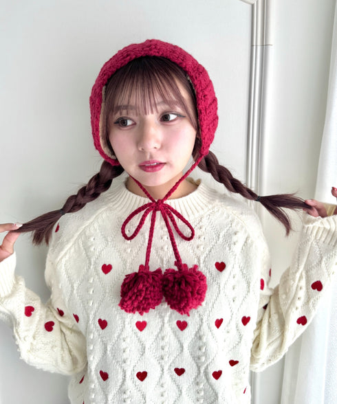 【5色展開】ポンポンリボンニットイヤーマフ | LO6244106 | レッド