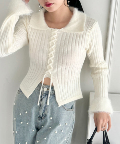 シャギーカラーレースアップニットトップス | LO2244111 | アイボリー