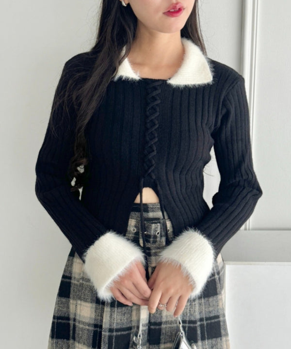 シャギーカラーレースアップニットトップス | LO2244111 | ブラック