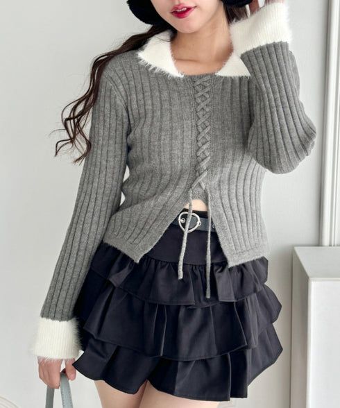 シャギーカラーレースアップニットトップス | LO2244111 | グレー