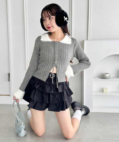 シャギーカラーレースアップニットトップス | LO2244111 | グレー