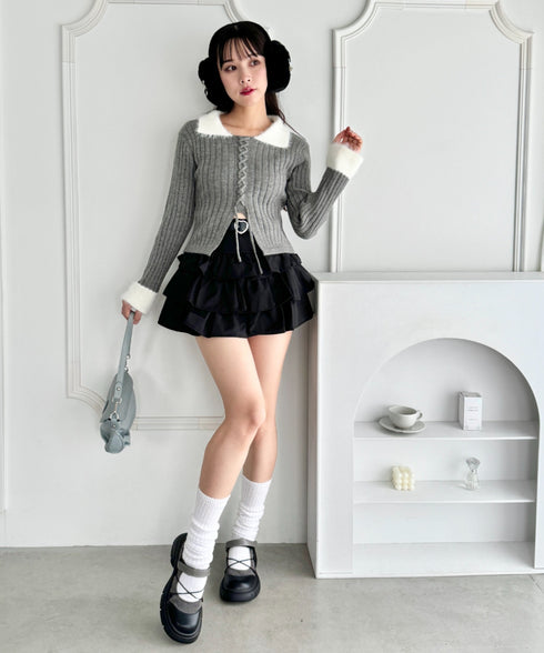 シャギーカラーレースアップニットトップス | LO2244111 | グレー