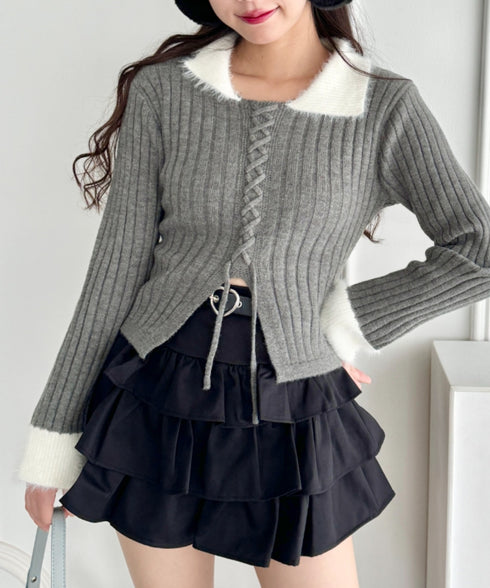 シャギーカラーレースアップニットトップス | LO2244111 | グレー