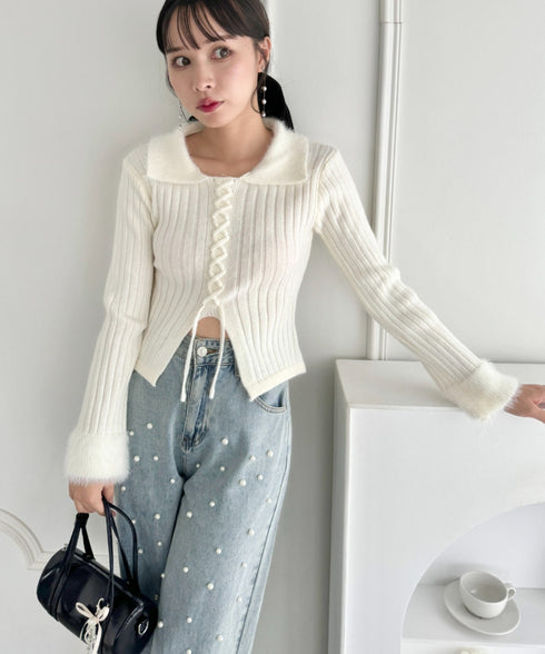 シャギーカラーレースアップニットトップス | LO2244111 | アイボリー