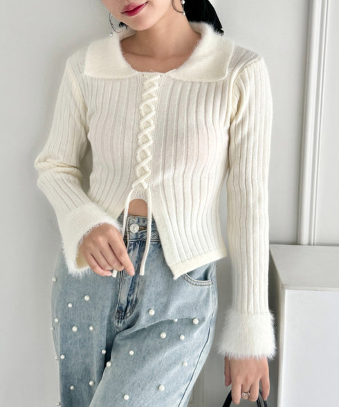 シャギーカラーレースアップニットトップス | LO2244111 | アイボリー