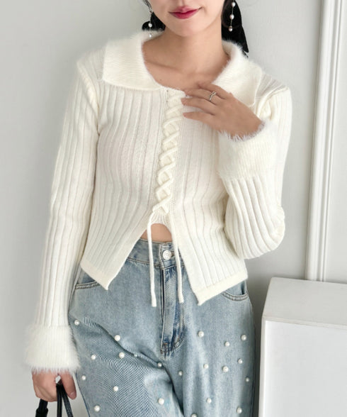 シャギーカラーレースアップニットトップス | LO2244111 | アイボリー