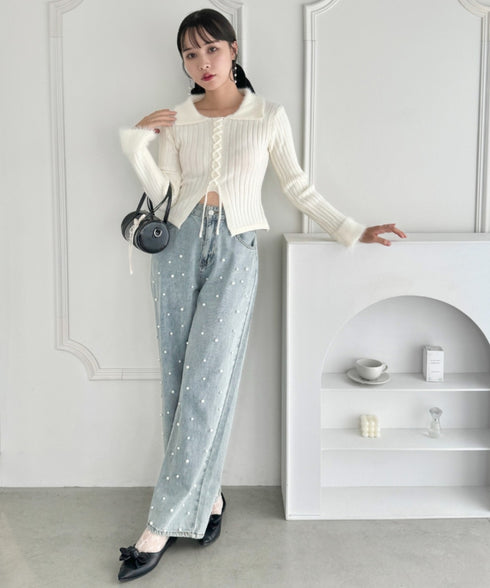 シャギーカラーレースアップニットトップス | LO2244111 | アイボリー