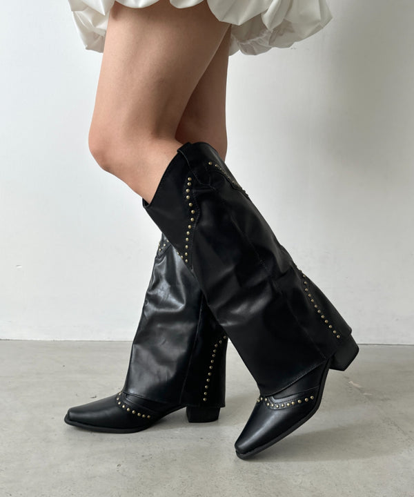 スタッズ付きヴィンテージウェスタン風ロングブーツ | CL3246019 | ブラック