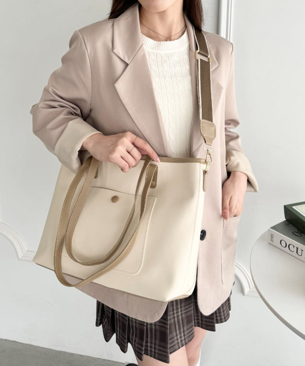 【A4収納/自立/ジッパー開閉】仕切りポケットPUトートバッグ | LO1255005 | アイボリー