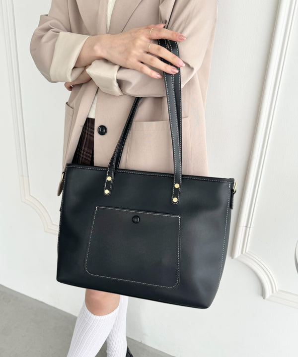 【A4収納/自立/ジッパー開閉】仕切りポケットPUトートバッグ | LO1255005 | ブラック