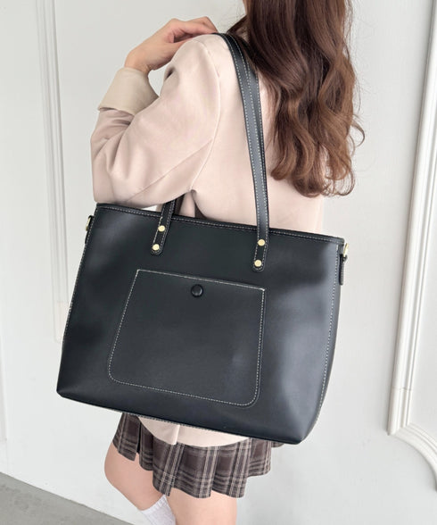 【A4収納/自立/ジッパー開閉】仕切りポケットPUトートバッグ | LO1255005 | ブラック