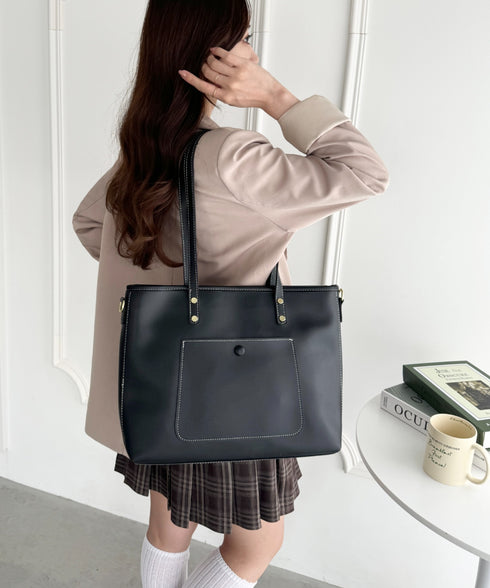 【A4収納/自立/ジッパー開閉】仕切りポケットPUトートバッグ | LO1255005 | ブラック