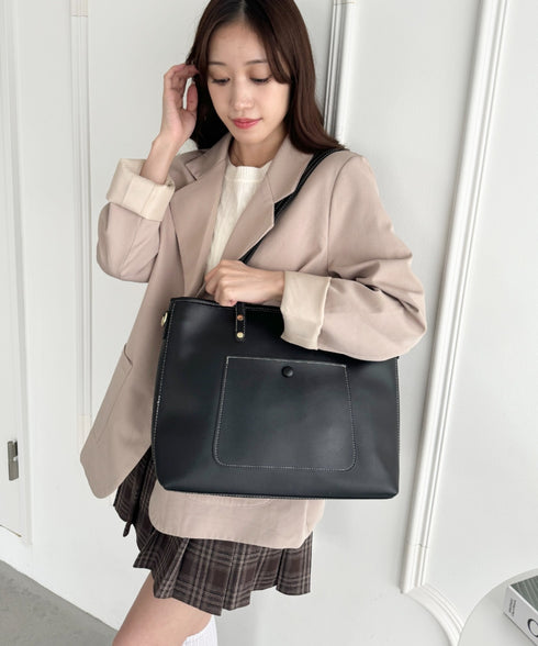 【A4収納/自立/ジッパー開閉】仕切りポケットPUトートバッグ | LO1255005 | ブラック