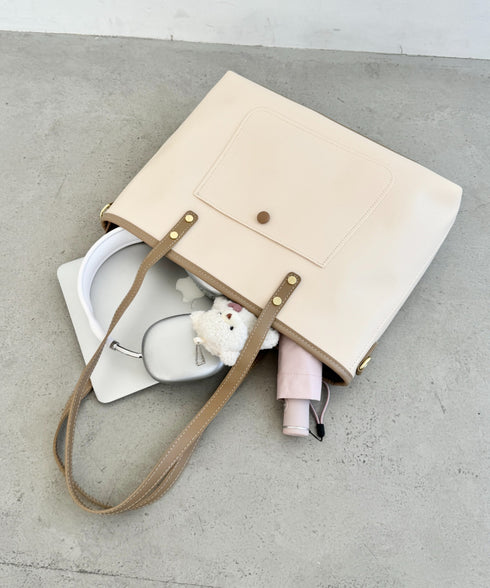 【A4収納/自立/ジッパー開閉】仕切りポケットPUトートバッグ | LO1255005 | アイボリー