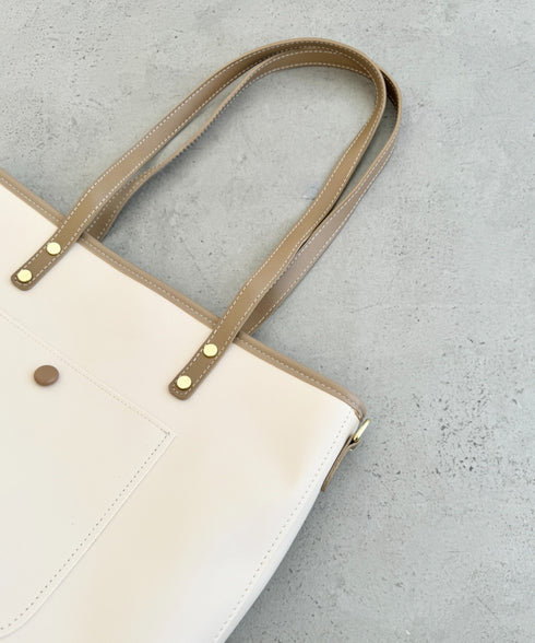 【A4収納/自立/ジッパー開閉】仕切りポケットPUトートバッグ | LO1255005 | アイボリー